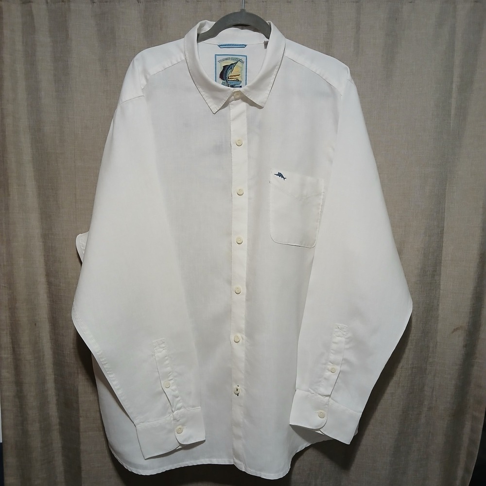 Tommy Bahama Mens XXL White Button Down Shirt 25 Years of Paradise Sailfish Logo